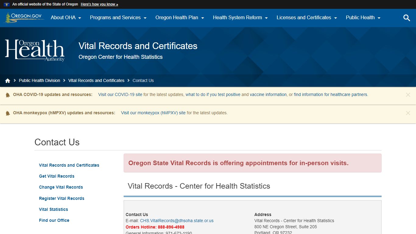 Oregon Health Authority : Contact Us : Vital Records and Certificates ...